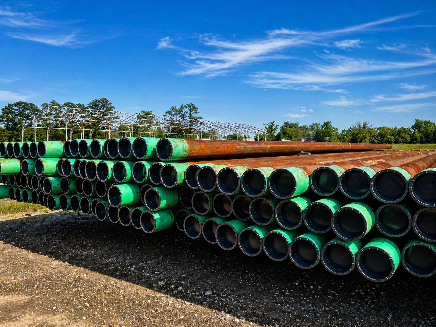 Stacked OCTG steel casing pipes with green thread protector caps stored outdoors at a pipe yard with steel pipe racks and trees visible in the background under a blue sky