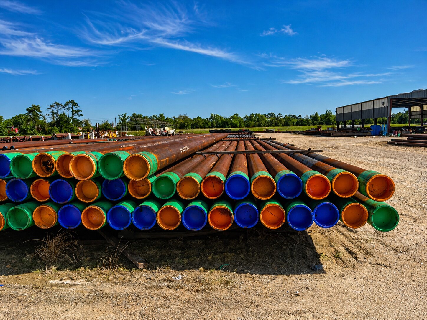 Stacks of large diameter steel pipes with color-coded end caps in orange, blue, and green stored outdoors at an industrial pipe yard under a clear blue sky